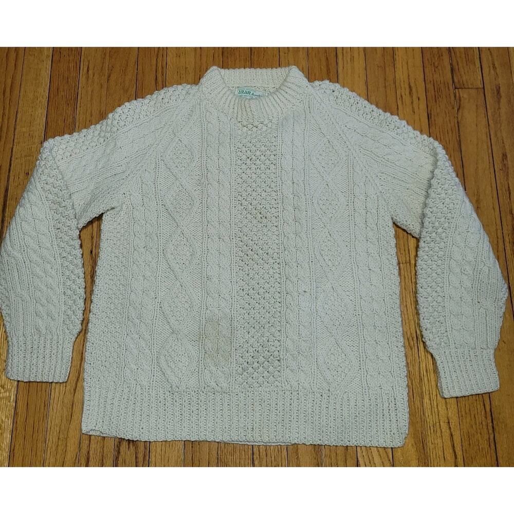 Vintage Irish Aran Cable Wool Sweater Unisex M/L Hand Knit Ireland ST PATRICKS